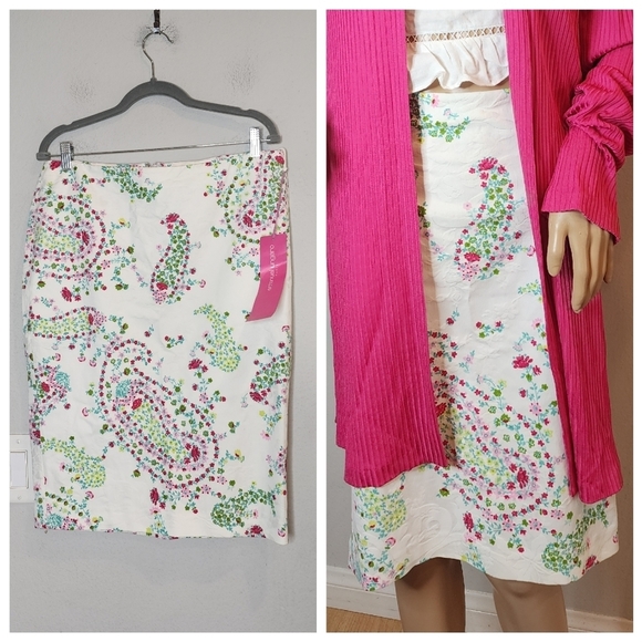 NWT Emanuel Ungaro Embossed Floral Pencil Skirt White Pink Green Blue Sz 44 / 10